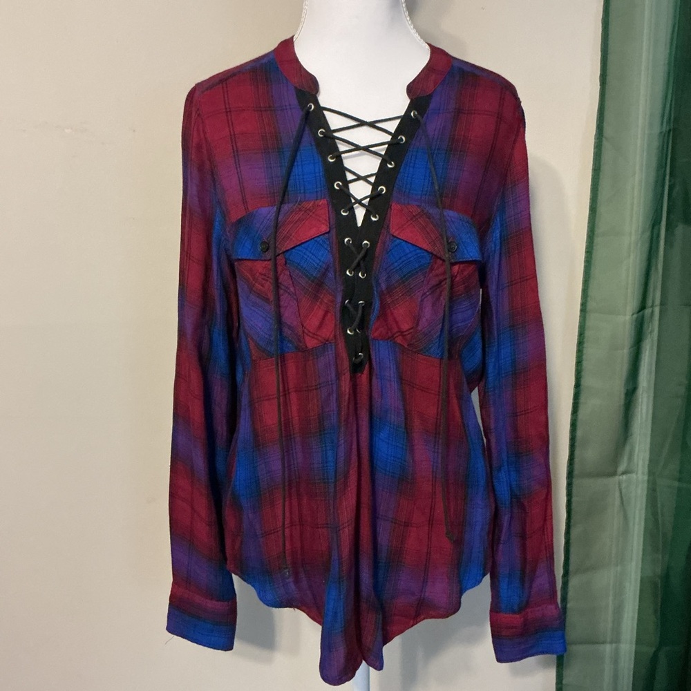 Express Red and Blue Plaid Lace-Up Blouse